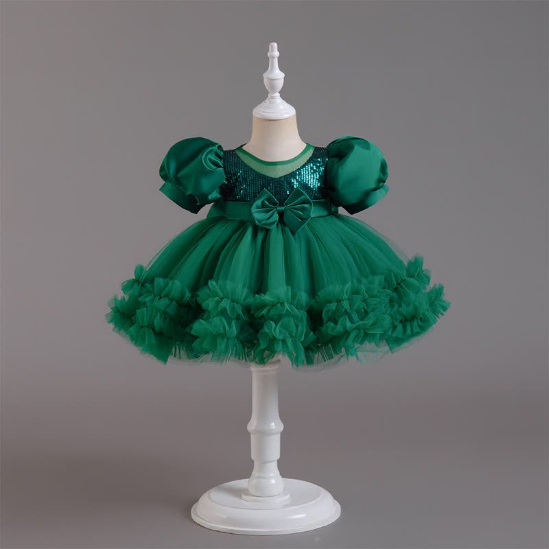 Mesh Bow Sequins Folds Short Sleeve Mid-long Dresses - Green - 4-5Y - image 9