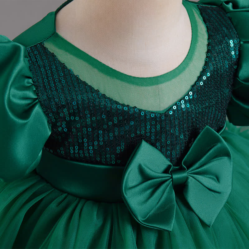 Mesh Bow Sequins Folds Short Sleeve Mid-long Dresses - image 12