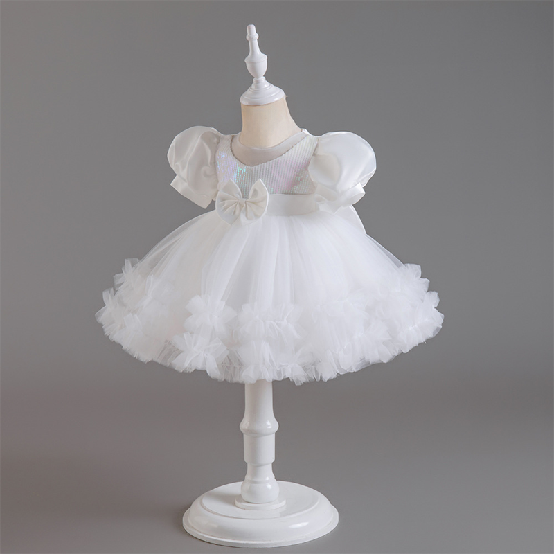 Mesh Bow Sequins Folds Short Sleeve Mid-long Dresses - image 2