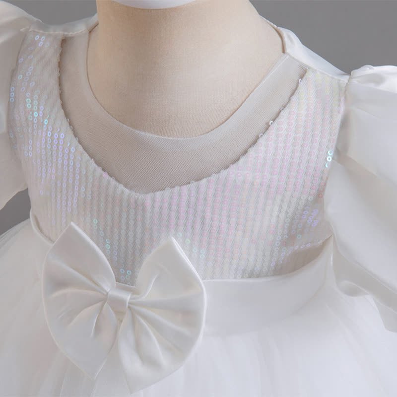 Mesh Bow Sequins Folds Short Sleeve Mid-long Dresses - image 4