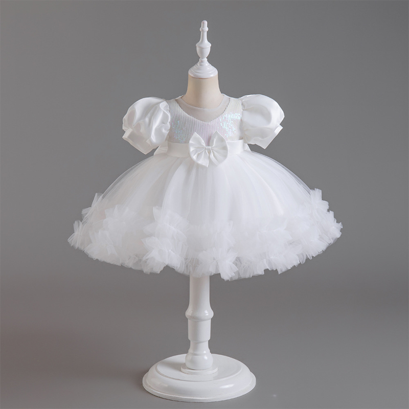 Mesh Bow Sequins Folds Short Sleeve Mid-long Dresses - White - 4-5Y - image 1