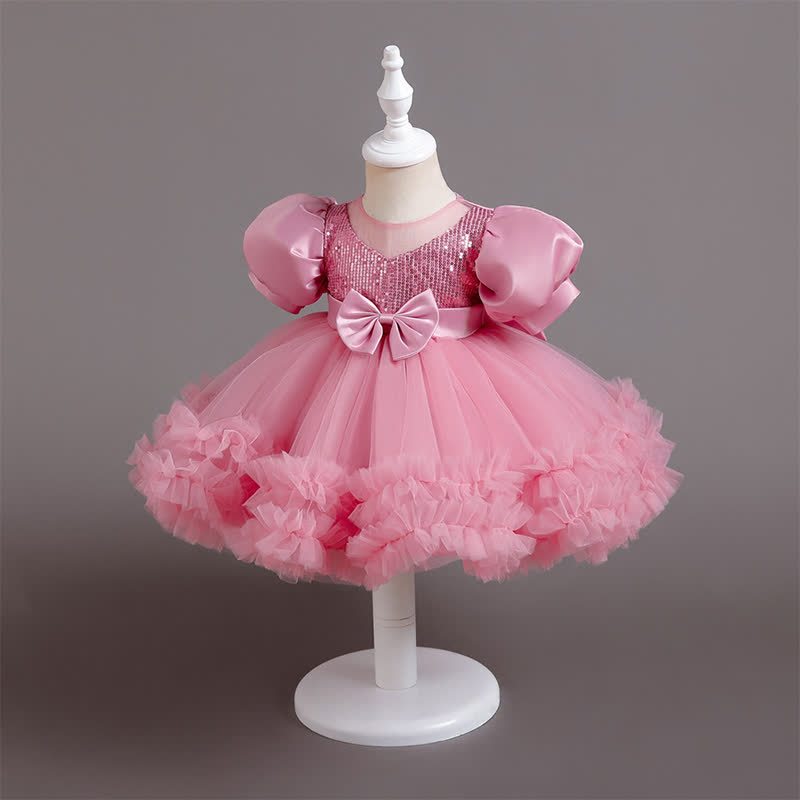 Mesh Bow Sequins Folds Short Sleeve Mid-long Dresses - image 18