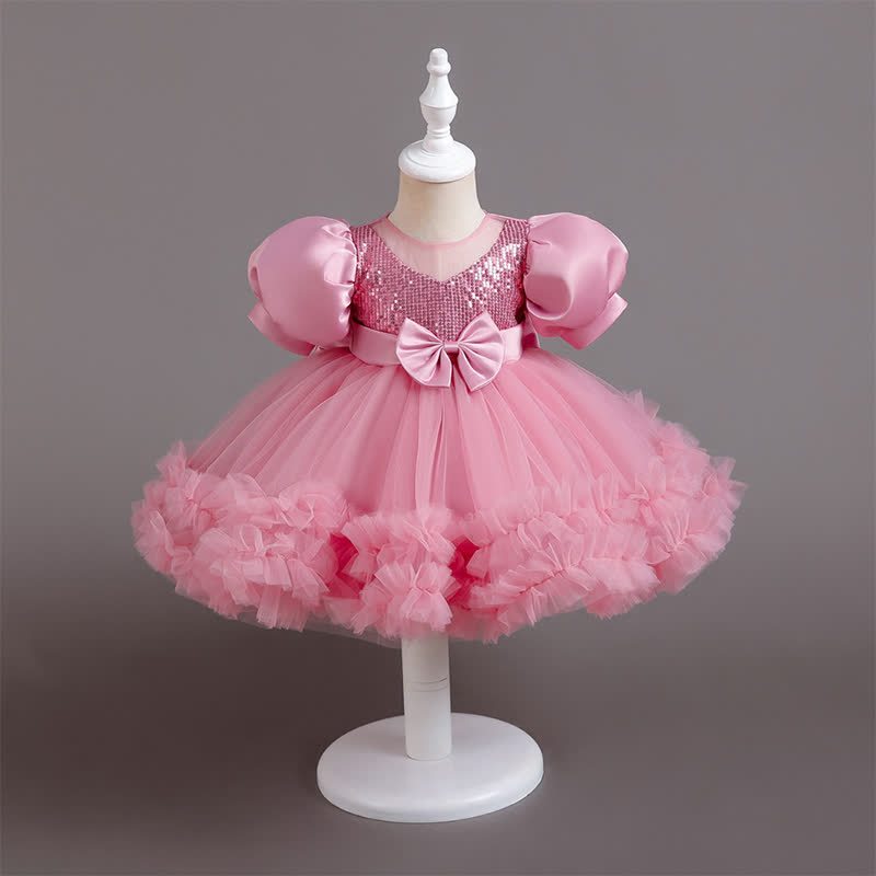 Mesh Bow Sequins Folds Short Sleeve Mid-long Dresses - Pink - 4-5Y - image 17