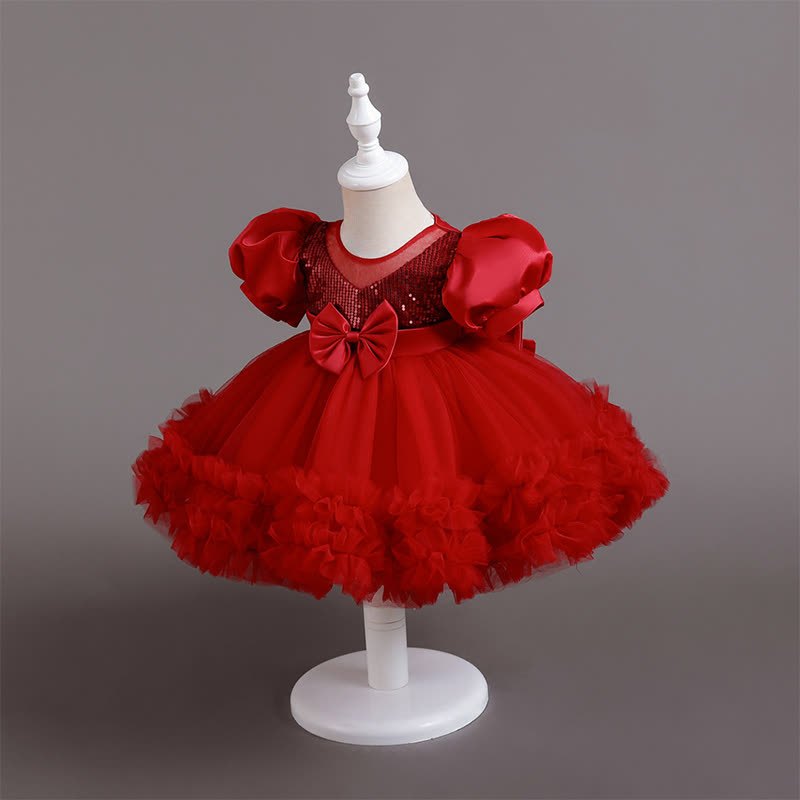 Mesh Bow Sequins Folds Short Sleeve Mid-long Dresses - image 26