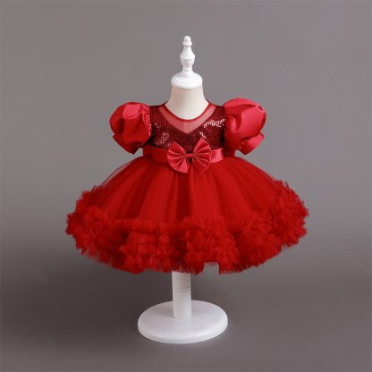 Mesh Bow Sequins Folds Short Sleeve Mid-long Dresses - Red - 4-5Y - image 25