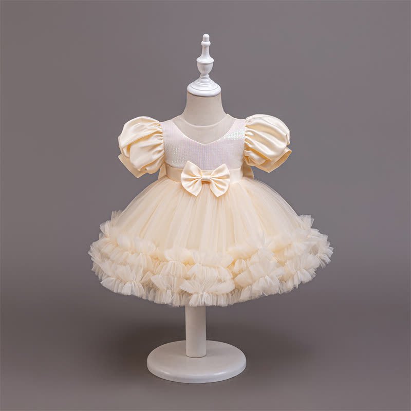 Mesh Bow Sequins Folds Short Sleeve Mid-long Dresses - Champagne - 4-5Y - image 33
