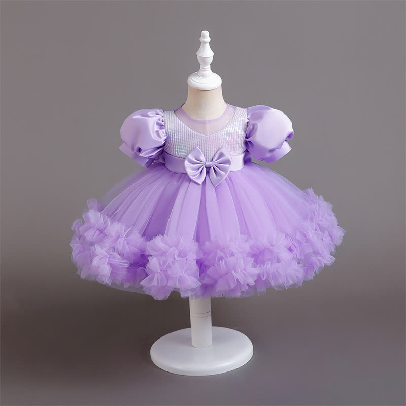 Mesh Bow Sequins Folds Short Sleeve Mid-long Dresses - Purple - 4-5Y - image 36