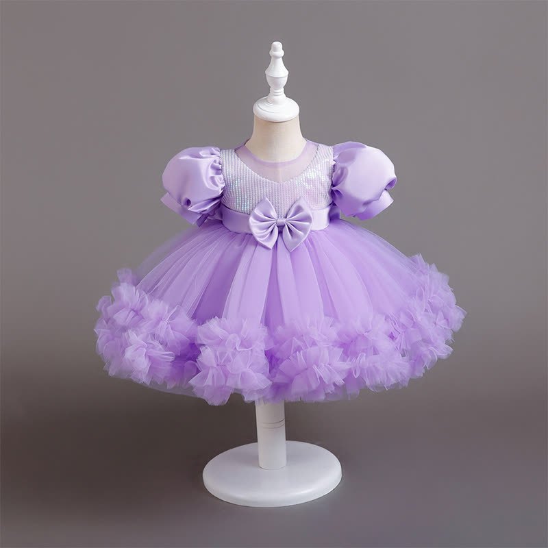 Mesh Bow Sequins Folds Short Sleeve Mid-long Dresses - Purple - 4-5Y - image 36