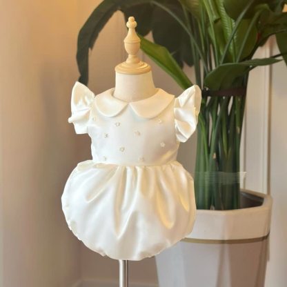 Chemical Fiber Blend Imitation Pearls Cap Sleeve Crop Bodysuit - White - 4Y - image 1