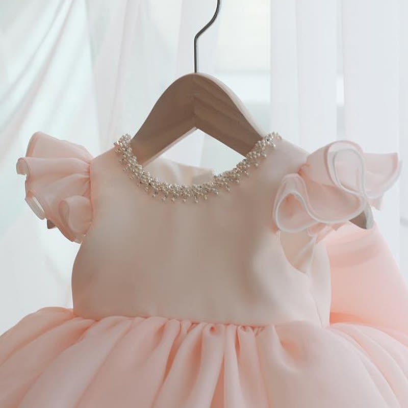 Organza Imitation Pearls Bow Cap Sleeve Midi Dresses - image 4