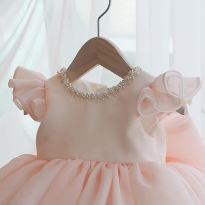 Organza Imitation Pearls Bow Cap Sleeve Midi Dresses - image 4