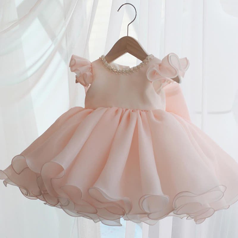 Organza Imitation Pearls Bow Cap Sleeve Midi Dresses - Pink - 9-10Y - image 1