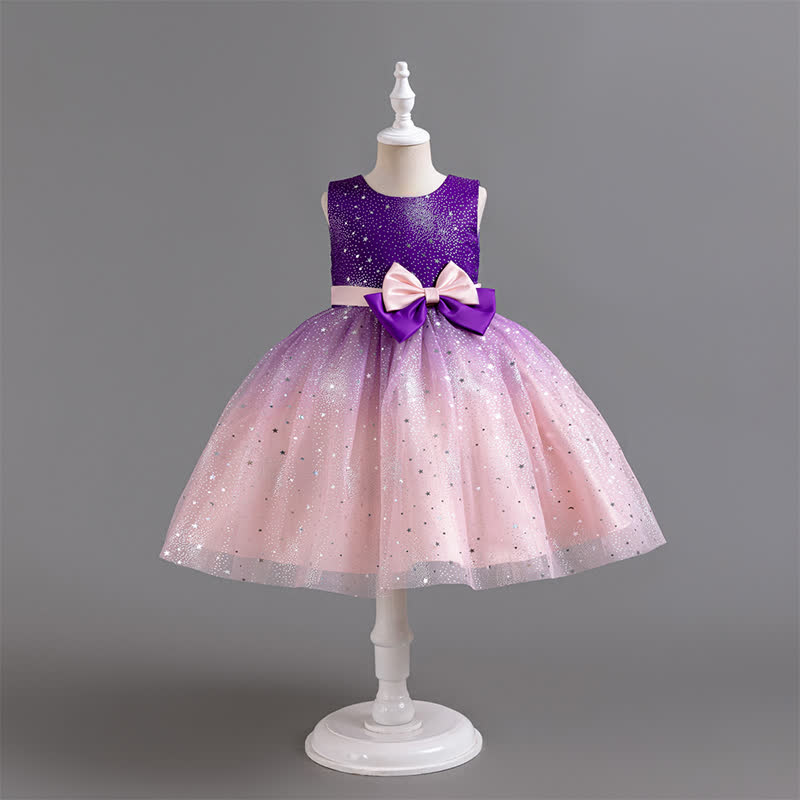 Polyester Cotton Bow Glitter Sleeveless Mid-long Dresses - Purple - 13-14Y - image 1