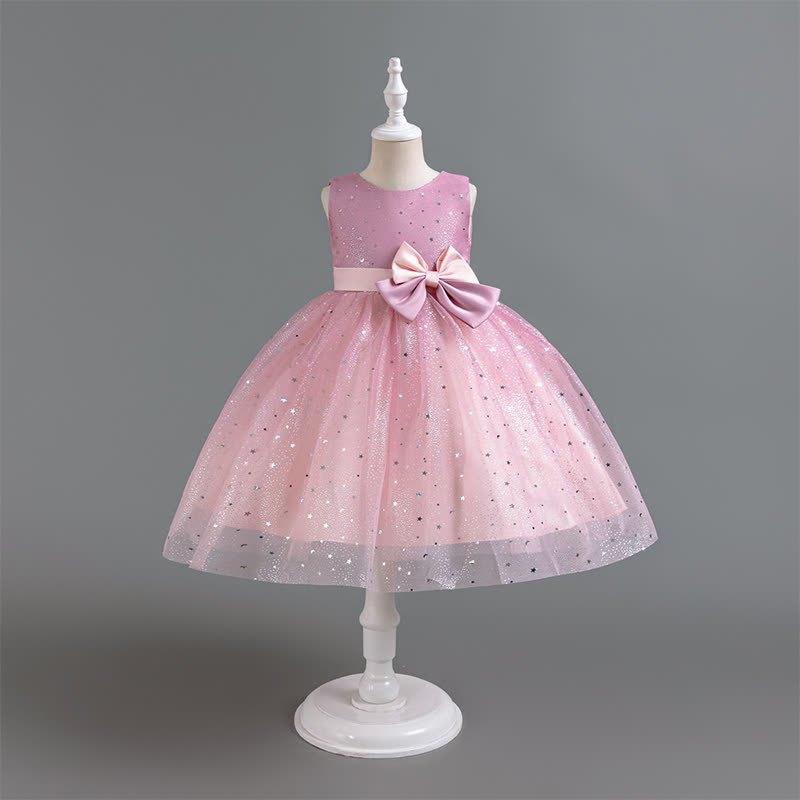 Polyester Cotton Bow Glitter Sleeveless Mid-long Dresses - Pink - 13-14Y - image 9