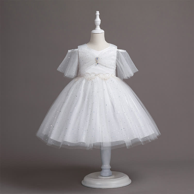 Mesh Lace Glitter Short Sleeve Mid-long Dresses - White - 13-14Y - image 33