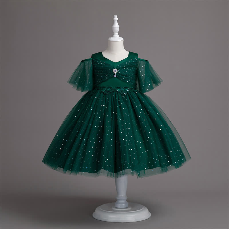Mesh Lace Glitter Short Sleeve Mid-long Dresses - Dark Green - 13-14Y - image 42