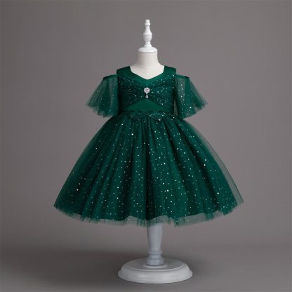 Mesh Lace Glitter Short Sleeve Mid-long Dresses - Dark Green - 13-14Y - image 42