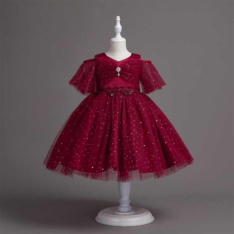 Mesh Lace Glitter Short Sleeve Mid-long Dresses - Red - 13-14Y - image 9