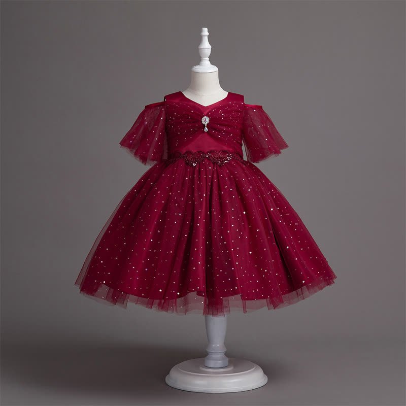 Mesh Lace Glitter Short Sleeve Mid-long Dresses - Red - 13-14Y - image 9