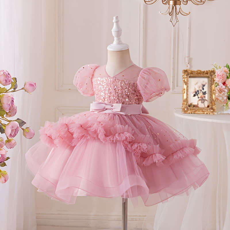 [Archive Sale] Mesh Folds Bow Short Sleeve Mid-long Dresses - image 2