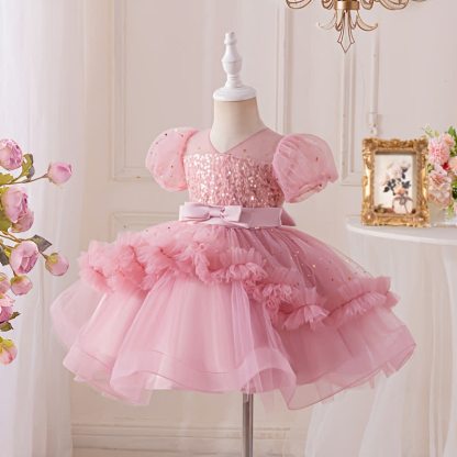 [Archive Sale] Mesh Folds Bow Short Sleeve Mid-long Dresses - image 2