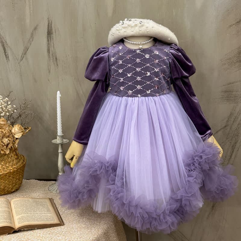 [Archive Sale] Pleuche Split Joint Long Sleeve Midi Dresses - Purple - 3-4Y【110cm】 - image 1