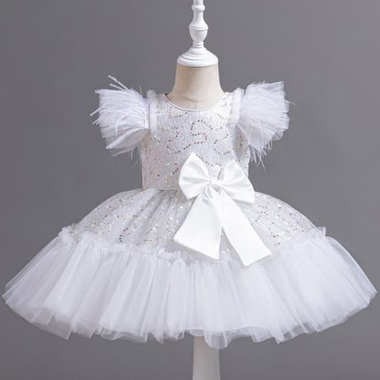 Mesh Feather-trimmed Bow Cap Sleeve Mid-long Dresses - White - 7-8Y - image 13