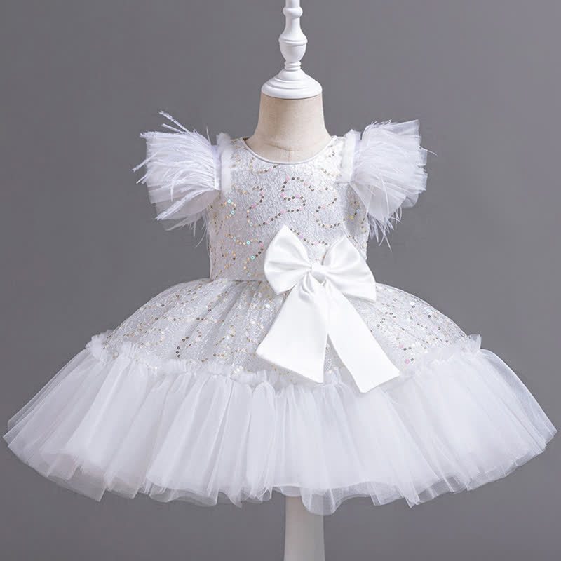 Mesh Feather-trimmed Bow Cap Sleeve Mid-long Dresses - White - 7-8Y - image 1