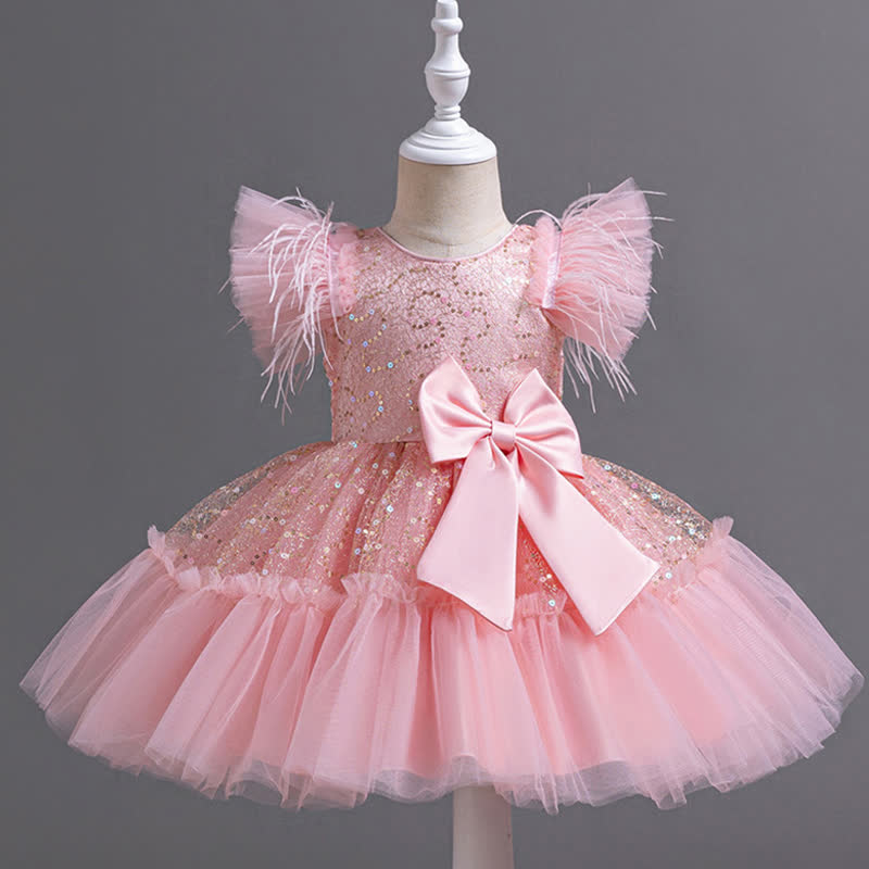 Mesh Feather-trimmed Bow Cap Sleeve Mid-long Dresses - Pink - 7-8Y - image 7