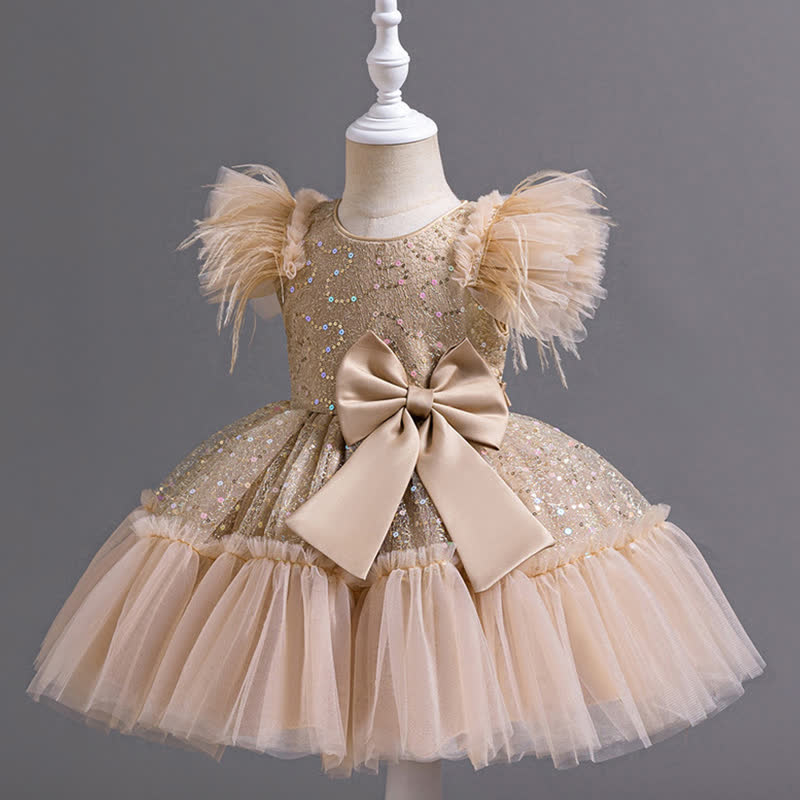 Mesh Feather-trimmed Bow Cap Sleeve Mid-long Dresses - image 26