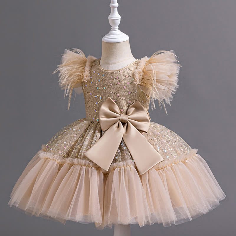 Mesh Feather-trimmed Bow Cap Sleeve Mid-long Dresses - image 26