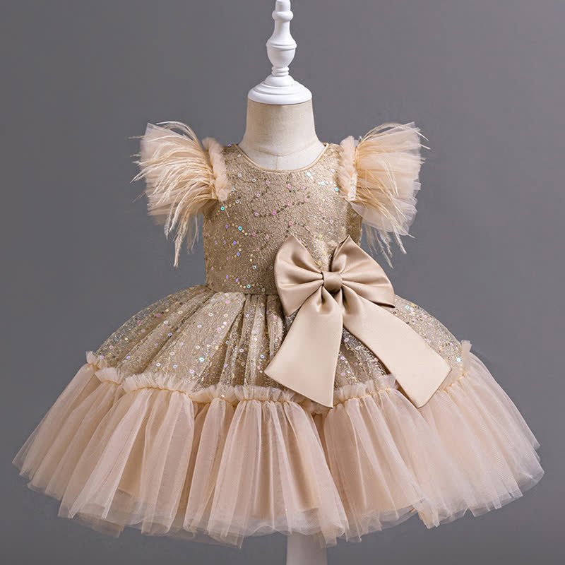 Mesh Feather-trimmed Bow Cap Sleeve Mid-long Dresses - Champagne - 7-8Y - image 25