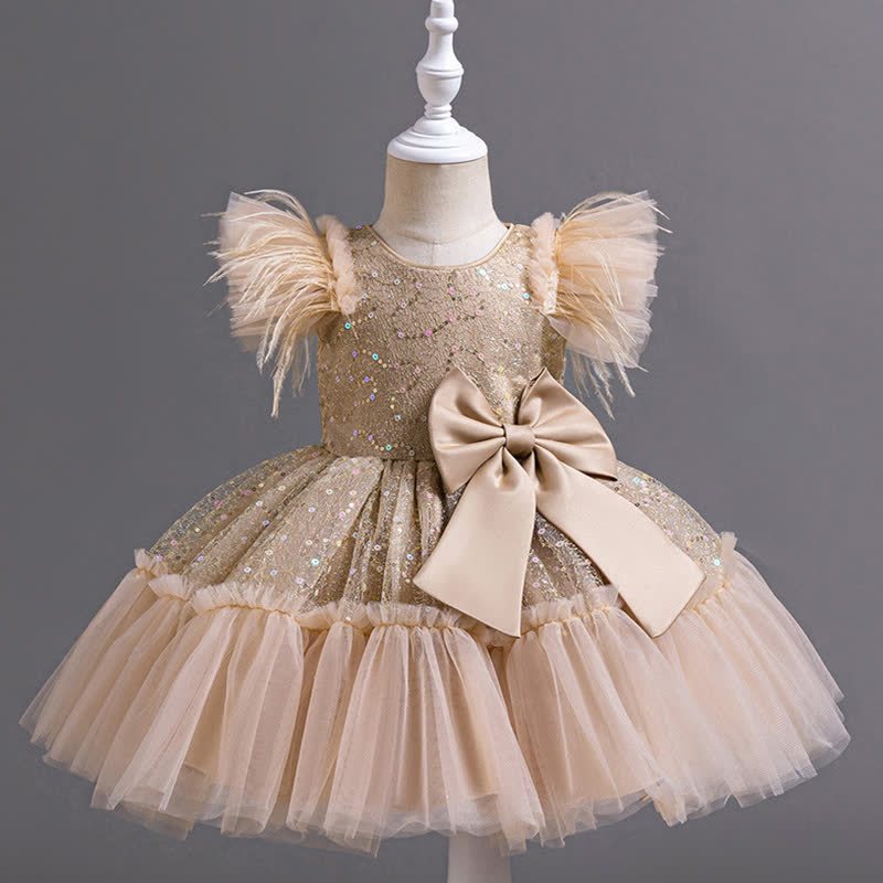 Mesh Feather-trimmed Bow Cap Sleeve Mid-long Dresses - Champagne - 7-8Y - image 25