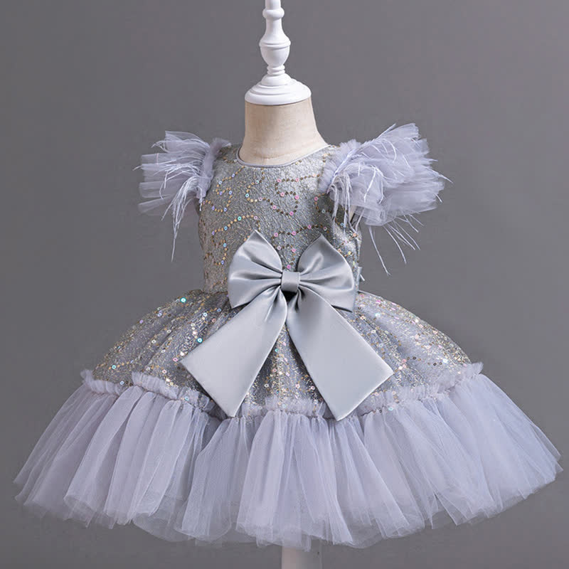 Mesh Feather-trimmed Bow Cap Sleeve Mid-long Dresses - image 2