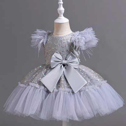 Mesh Feather-trimmed Bow Cap Sleeve Mid-long Dresses - image 2