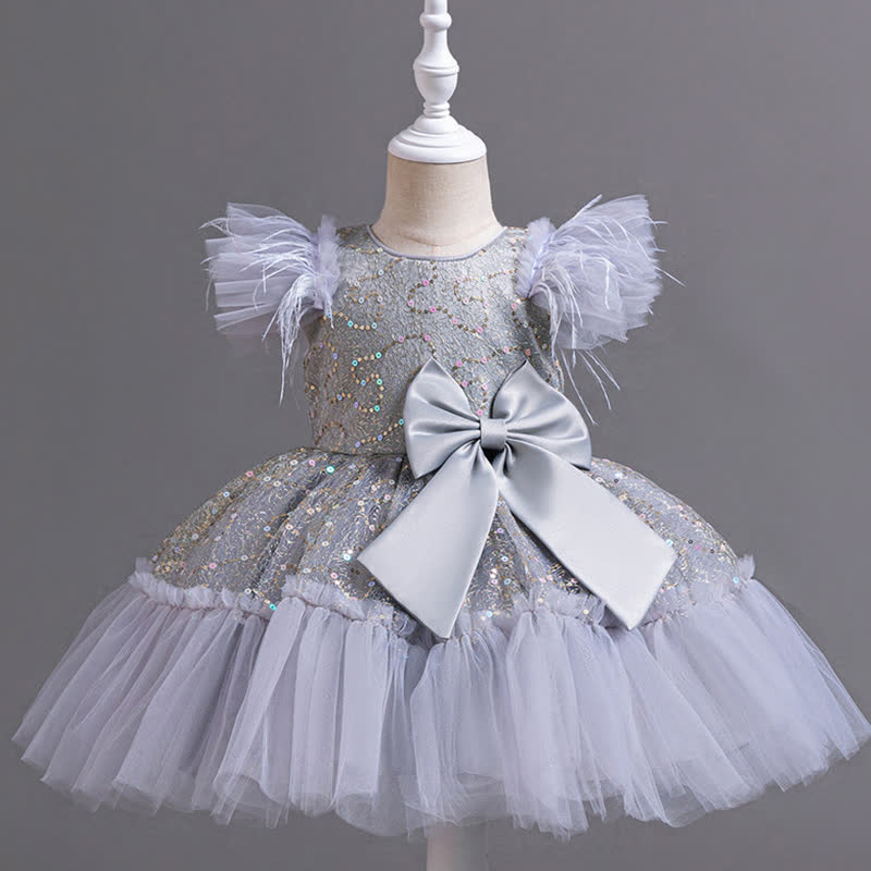 Mesh Feather-trimmed Bow Cap Sleeve Mid-long Dresses - Grey - 7-8Y - image 1