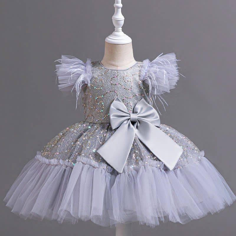 Mesh Feather-trimmed Bow Cap Sleeve Mid-long Dresses - Grey - 7-8Y - image 1