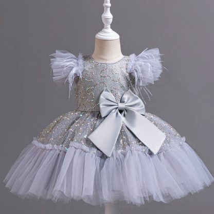 Mesh Feather-trimmed Bow Cap Sleeve Mid-long Dresses - Grey - 7-8Y - image 1