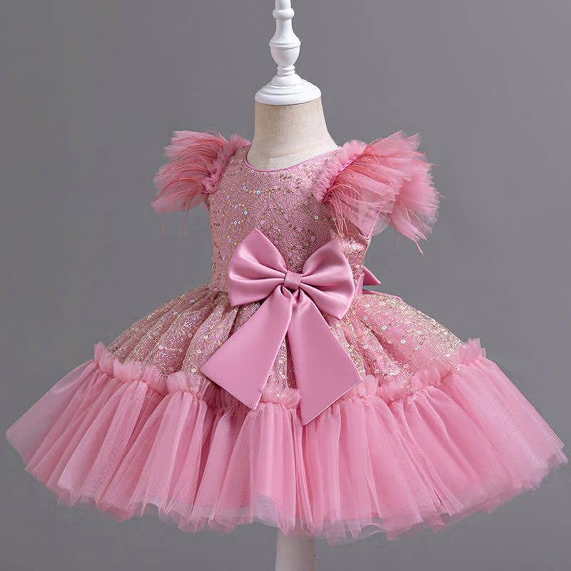 Mesh Feather-trimmed Bow Cap Sleeve Mid-long Dresses - image 20