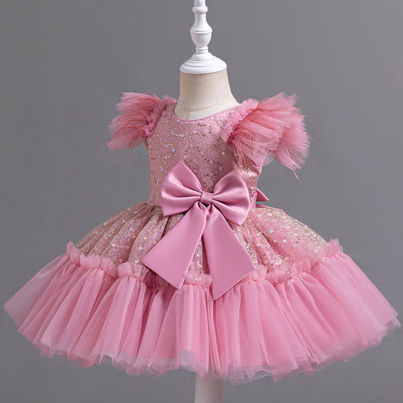 Mesh Feather-trimmed Bow Cap Sleeve Mid-long Dresses - image 20