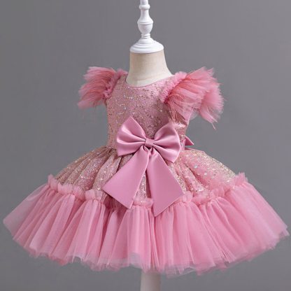 Mesh Feather-trimmed Bow Cap Sleeve Mid-long Dresses - image 20