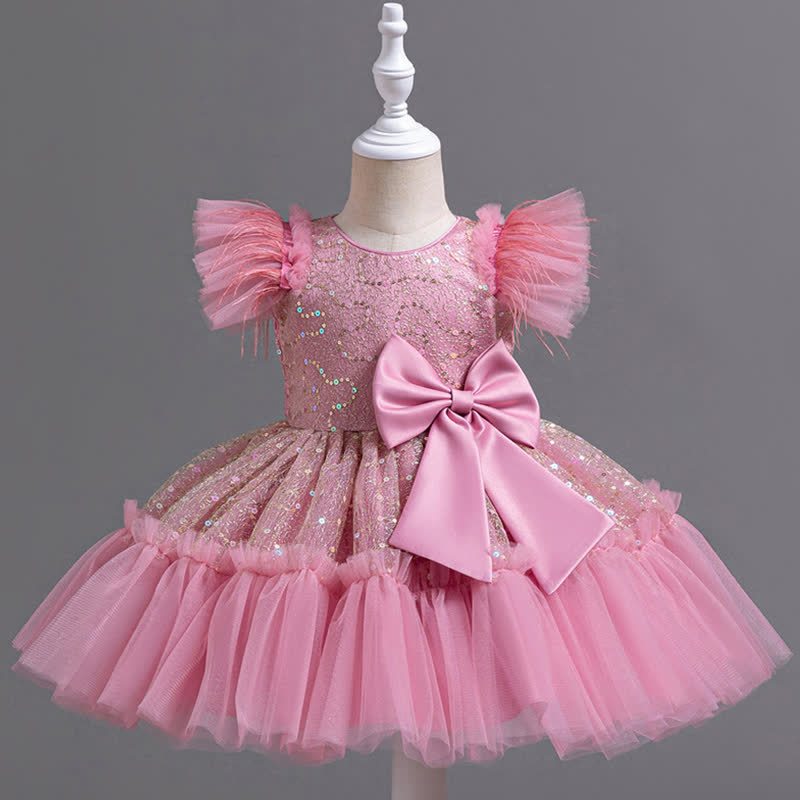 Mesh Feather-trimmed Bow Cap Sleeve Mid-long Dresses - Dusty Pink - 7-8Y - image 7