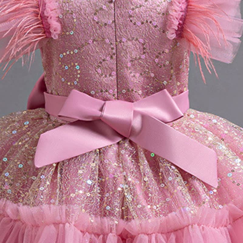 Mesh Feather-trimmed Bow Cap Sleeve Mid-long Dresses - image 23