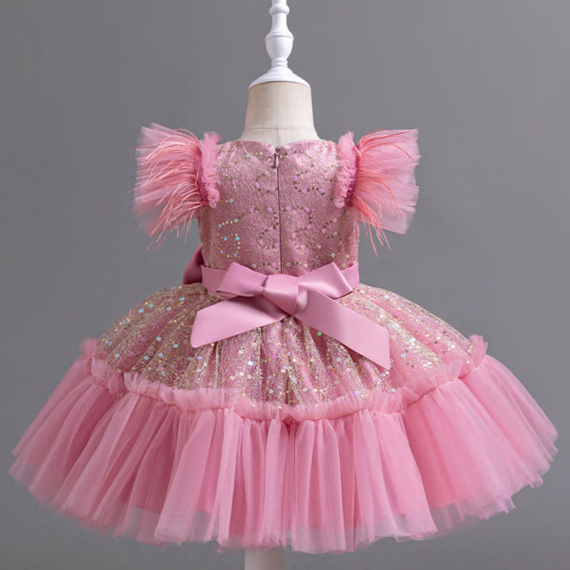 Mesh Feather-trimmed Bow Cap Sleeve Mid-long Dresses - image 21