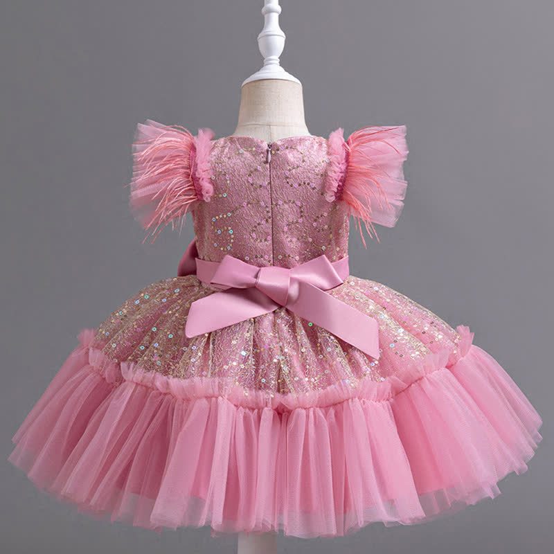 Mesh Feather-trimmed Bow Cap Sleeve Mid-long Dresses - image 21