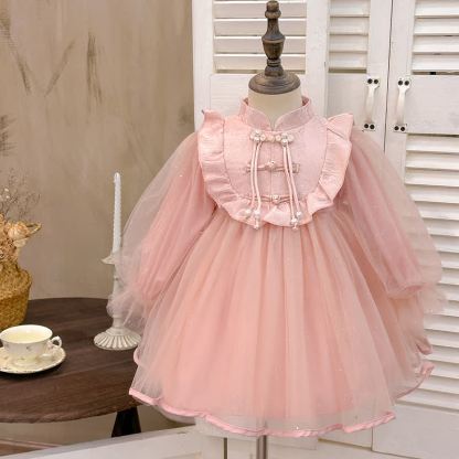 Mesh Split Joint Long Sleeve Midi Dresses - Pink - 8-9Y - image 1