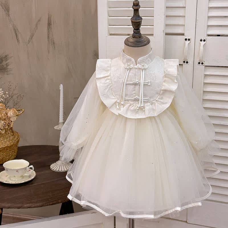 Mesh Split Joint Long Sleeve Midi Dresses - White - 8-9Y - image 5