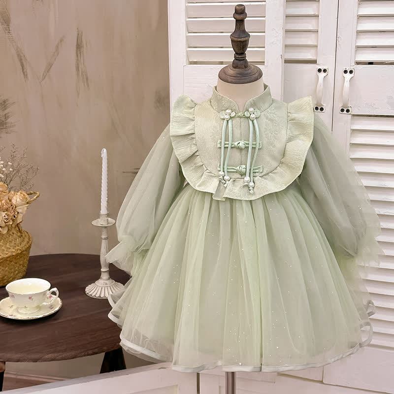 Mesh Split Joint Long Sleeve Midi Dresses - Green - 8-9Y - image 3