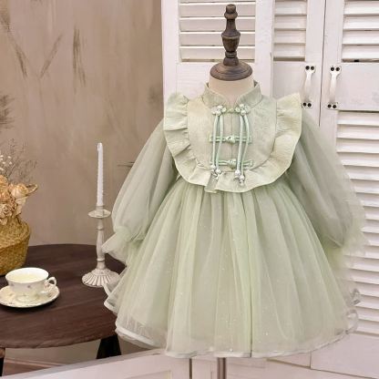 Mesh Split Joint Long Sleeve Midi Dresses - Green - 8-9Y - image 3