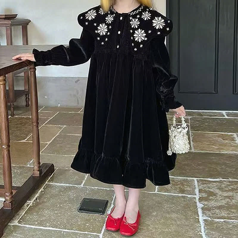 [Archive Sale] Corduroy Embroidery Long Sleeve Mid-long Dresses - Black - 7-8Y【130cm】 - image 3